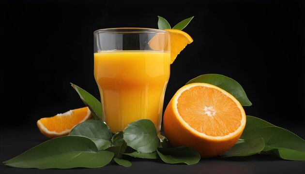 Glass with orange juice and fruits with green leaves on black background