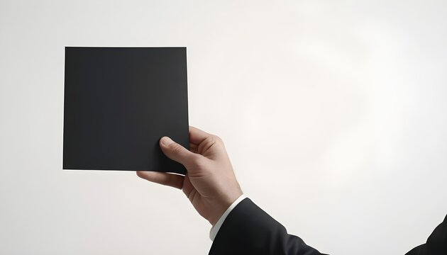 paper blank in the hand of a male employee wearing a black suit on white background