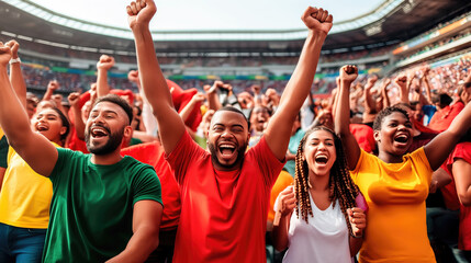 Passionate Fan Support, Victory Vibe, Excited Sport Fans Celebrating and Cheering at the Stadium, Generative AI
