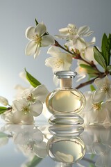 Bottle of perfume with white roses on a white table in sunlight