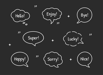 Hand-drawn doodle speech bubble frames for text title. Set of vector text boxes, speech bubbles, and comic clouds, isolated on a black background. Hand-drawn doodle sketch style.