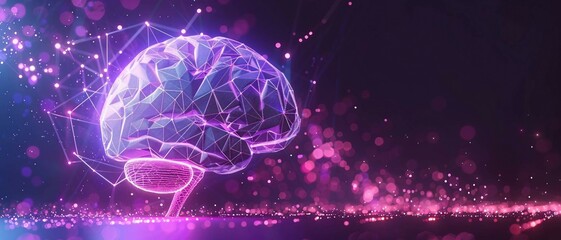 Purple High-Tech Digital brain with Low Poly Wireframe on violet Background. 3D Render with Polygon Mesh. with glowing connected lines.