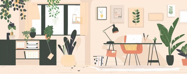 Fototapeta premium A drawing of a desk with a chair and a potted plant