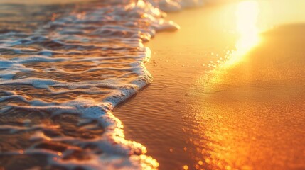 Closeup sea sand beach. Panoramic beach landscape. Inspire tropical beach seascape horizon. Orange and golden sunset sky calmness  - obrazy, fototapety, plakaty