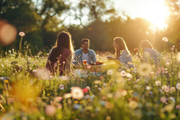 Joyful Picnic with Friends: Outdoor Leisure in Sun-Drenched Meadow - obrazy, fototapety, plakaty