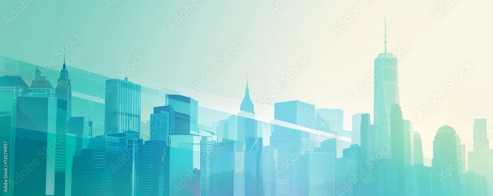 Wall mural A city skyline with a blue sky background