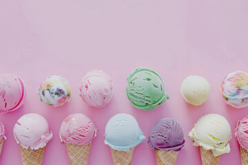array of assorted ice cream scoops on cones against a pink background - obrazy, fototapety, plakaty