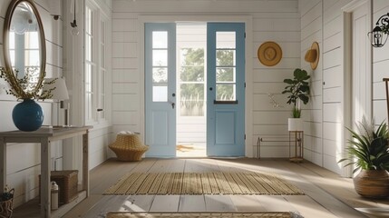 Illustrate the quintessential coastal entryway of a home, featuring shiplap walls, a natural fiber rug, and a glorious blue door.  