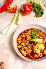 Bowl of red curry with vegetables and tofu on white background