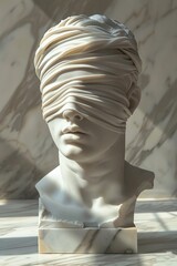 Blindfolded statue marble texture direct sunlight front view classic vector , minimalist