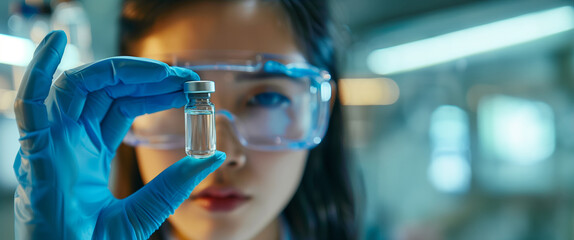 Asian woman, scientist examining a vial of clear liquid in the lab. Research and medical concept. Design for science article, pharmaceutical poster, laboratory services banner with copy space