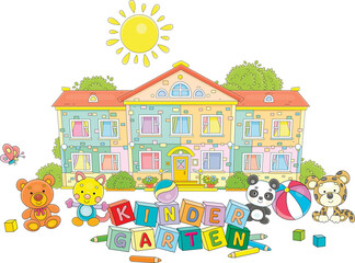 Funny toys with cute cartoony animals and colorful bricks in front of a pretty kindergarten with green trees and bushes on a sunny day, vector cartoon illustration on a white background