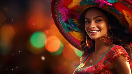 image of a smiling Mexican or Latin woman wearing a traditional sombrero hat.  - obrazy, fototapety, plakaty