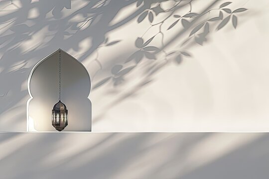 white curved wallpaper desktop with mosque shadow and small islamic lantern floating on top