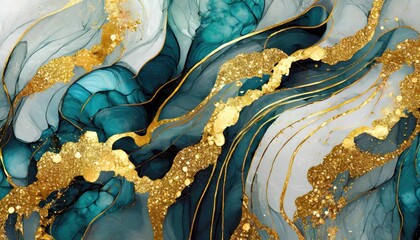 Luxury abstract background white and green liquid marble waves texture with gold veins background.