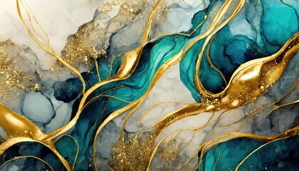 Luxury abstract background white and green liquid marble waves texture with gold veins background.
