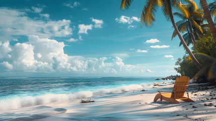 Fototapeta premium A serene beach scene with lounge chairs, palm trees, and a blue sky with clouds.