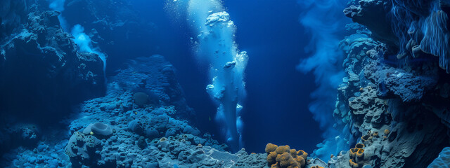 Ethereal Deep-Sea Ecosystem with Hydrothermal Vents and Marine Life - obrazy, fototapety, plakaty