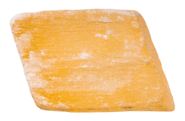 close up of sample of natural stone from geological collection - raw yellow selenite mineral isolated on white background
