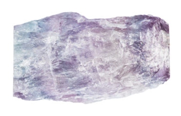 close up of sample of natural stone from geological collection - raw purple striped fluorite mineral isolated on white background