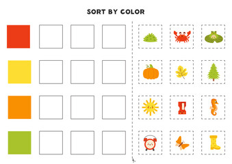 Sort pictures by color. Basic colors for kids. Game for kids. Cut and glue.