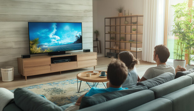 The family enjoys a relaxing view of nature through a large TV in the cozy living room, creating a sense of harmony and peace and tranquility