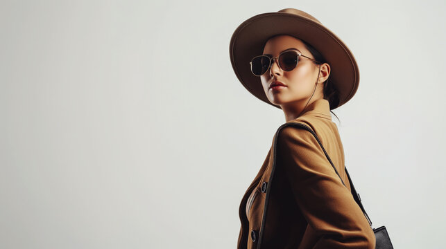 full length portrait Fashion pretty young woman wearing a retro elegant hat, sunglasses, brown jacket and black handbag posing on white background professional photography.