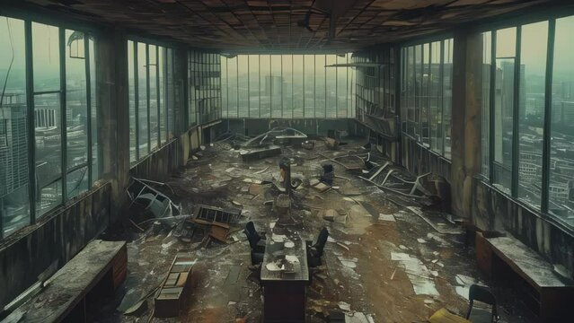 Abandoned Office with Panoramic View of Cityscape