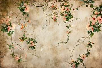 Vintage beige background with flowers.Minimal spring concept. 