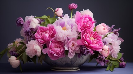  A mesmerizing bouquet of peonies takes center stage, showcasing the exquisite beauty of these lush blooms.  