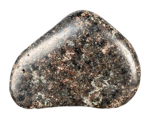 close up of sample of natural stone from geological collection - tumbled basalt with hematite mineral isolated on white background from Karelia