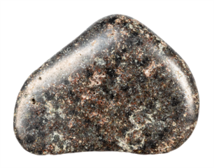 close up of sample of natural stone from geological collection - tumbled basalt with hematite mineral isolated on white background from Karelia