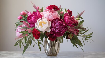  A mesmerizing bouquet of peonies takes center stage, showcasing the exquisite beauty of these lush blooms.  