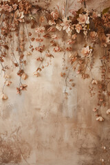 Autumn leaves beige wall background.
