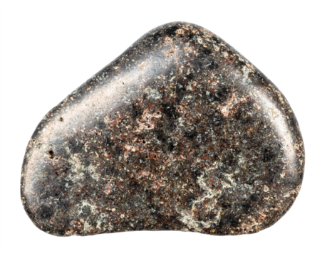 close up of sample of natural stone from geological collection - tumbled basalt with hematite mineral isolated on white background from Karelia