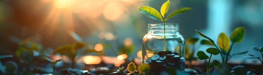 A young plant sprouts from a jar full of coins, symbolizing growth and prosperity in financial investments. - obrazy, fototapety, plakaty