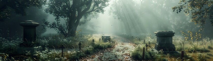 Sunbeams pierce through trees onto an old, serene cemetery, enveloped in a calm, mystical morning atmosphere. - obrazy, fototapety, plakaty