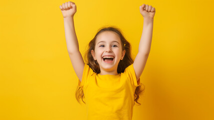 full length portrait girl with smiling and cheering on yellow background professional photography. - obrazy, fototapety, plakaty