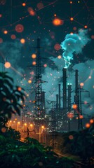 A view of a bustling industrial complex with smokestacks at dusk, emitting a plume of smoke, juxtaposed with vibrant digital nodes.