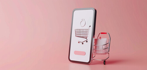 A mobile application screen featuring a 3D shopping cart icon with a user's selected items, set against a clean and modern flat background for optimal visibility - obrazy, fototapety, plakaty