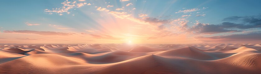 Sunrise casts a golden glow over the vast desert dunes, creating a serene and majestic landscape under the morning sky.