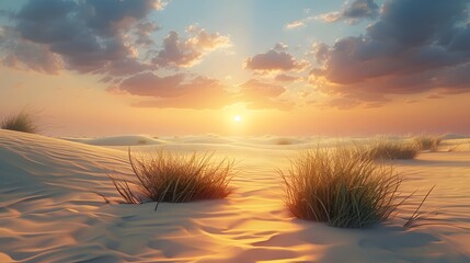 The early morning sun bathes tranquil sand dunes and tufts of grass in a soft, warm light, creating a serene desert dawn.