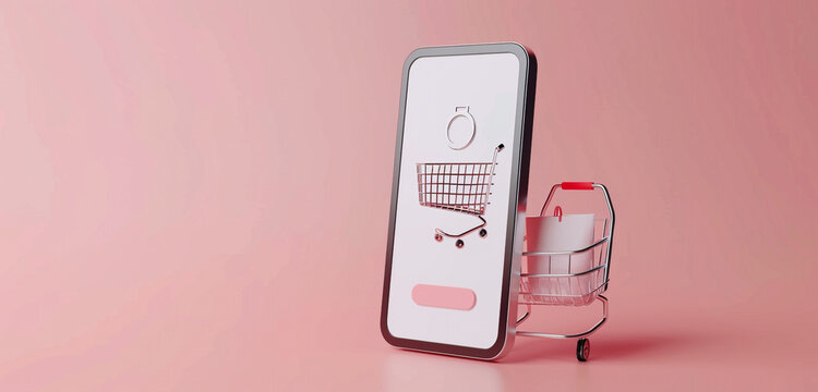 A Mobile Application Screen Featuring A 3D Shopping Cart Icon With A User's Selected Items, Set Against A Clean And Modern Flat Background For Optimal Visibility