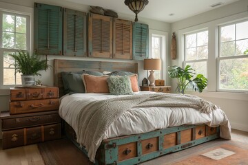 Rustic-chic bedroom with reclaimed wood headboard and cozy, textured bedding