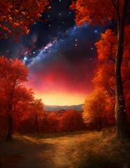 a colorful sky with stars and a sunset in the background
