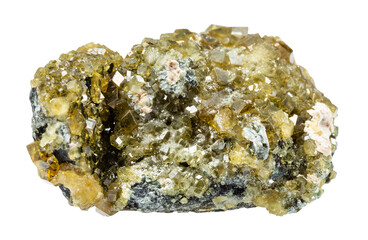 close up of sample of natural stone from geological collection - druse of topazolite andradite...
