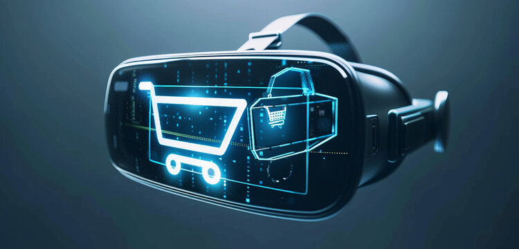 A virtual reality headset displaying a 3D shopping cart interface, allowing users to browse and shop in a futuristic immersive environment against a minimalist flat background