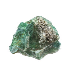 close up of sample of natural stone from geological collection - raw green alexandrite mineral in daylight isolated on white background from Ural
