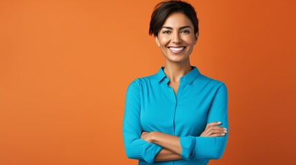 Photo of an attractive charming lady with a cute bobbed hairdo, arms crossed in a self-confident pose, embodying a friendly and approachable worker with a genuine smile and good mood 