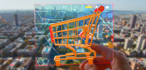 An augmented reality application interface displaying a 3D shopping cart overlaying a real-world environment, providing a seamless shopping experience against a flat background - Powered by Adobe